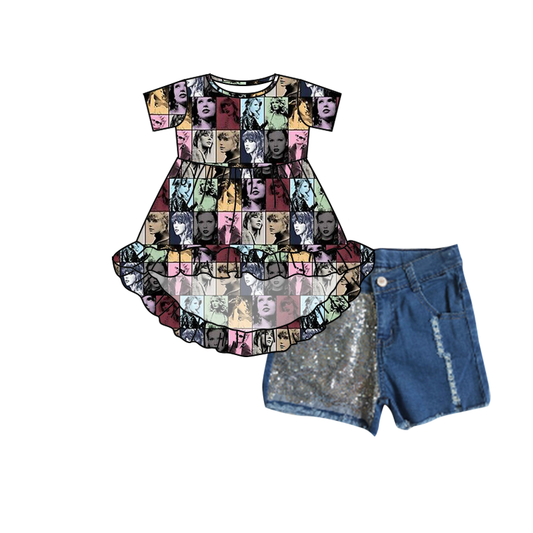 (Custom Design Preorder MOQ 5)D8-14 Swiftie High-Low Top Blue Sequins Denim Shorts Girls Summer Clothes Set