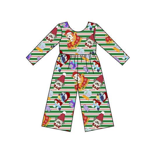 (Custom Design MOQ 5) Cartoon Dog Stripes Print Girls Christmas Jumpsuits