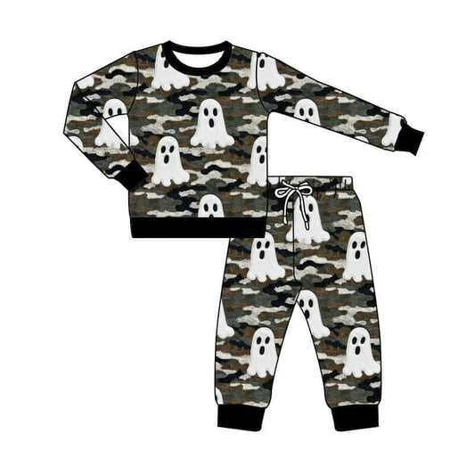 (Custom Design Preorder MOQ 5) Cute GHost Camo Print Boys Halloween Clothes Set