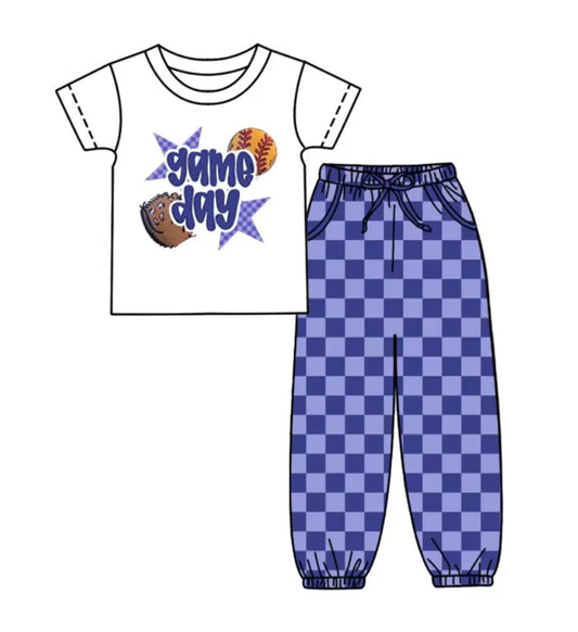 (Custom Design Preorder MOQ 5) Softball Game Day Print Navy Joggers Pants Boys Clothes Set