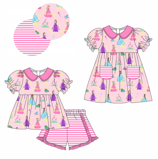 11.13(Custom Design Preorder MOQ 5 Each Design) Cartoon Princess Pink Print Girls Summer Matching Clothes Set Sisters Wear
