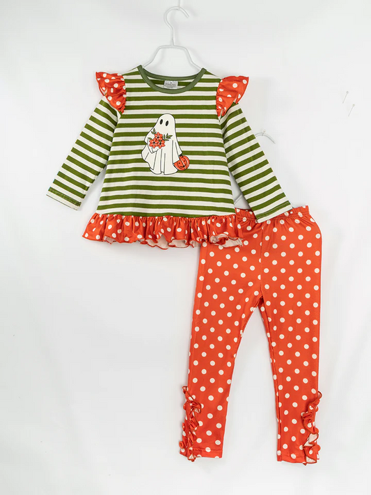 (Custom Design Preorder MOQ 5) Ghost Stripes Tunic Top Orange Pants Girls Halloween Clothes Set