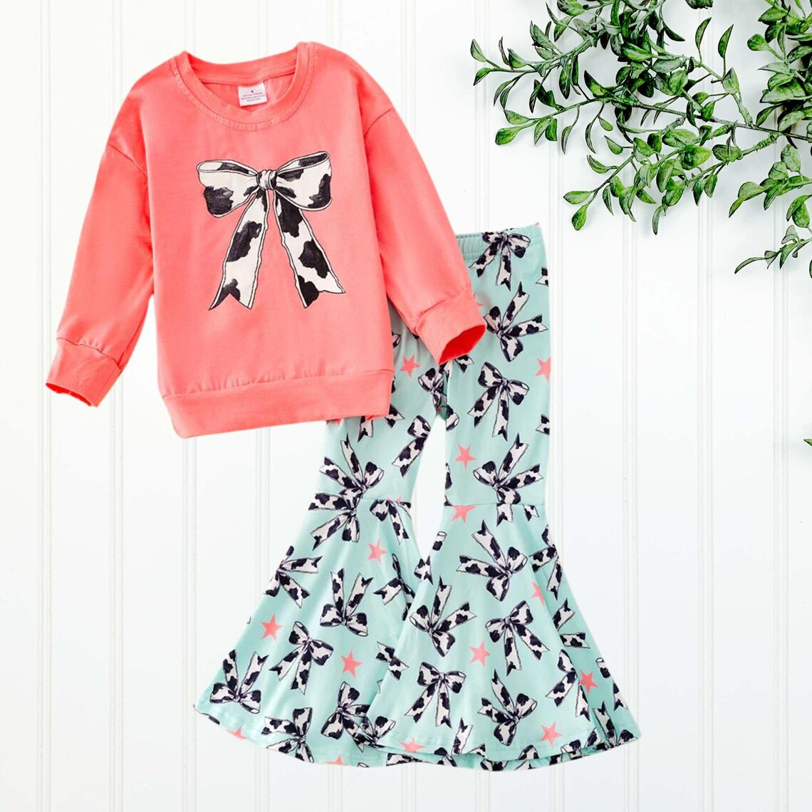 (Custom Design Preorder MOQ 5)  Bows Top Bell Pants Girls Fall Clothes Set