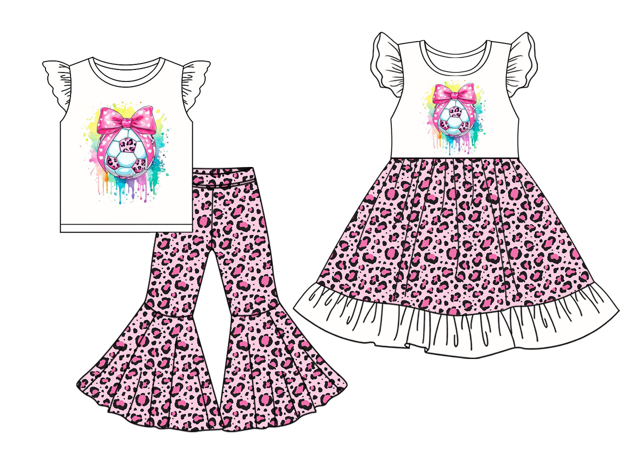 5.2(Custom Design Preorder MOQ 5 Each Design) Soccer Bows Leopard Print Girls Matching Clothes Sisters Wear