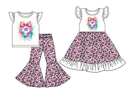 5.2(Custom Design Preorder MOQ 5 Each Design) Soccer Bows Leopard Print Girls Matching Clothes Sisters Wear