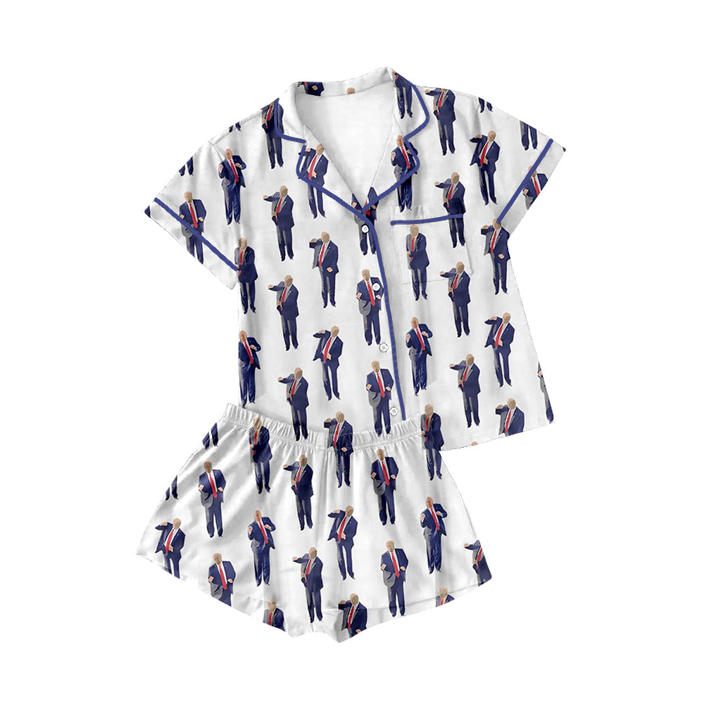 (Custom Design Preorder MOQ 5)  Adult TRUMP Print Woman Buttons Summer Pajamas Clothes Set