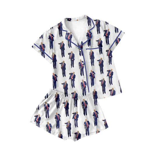 (Custom Design Preorder MOQ 5)  Adult TRUMP Print Woman Buttons Summer Pajamas Clothes Set