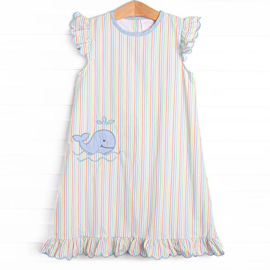 (Custom Design Preorder MOQ 5) Whale Colorful Stripes Print Girls Summer Knee Length Dress