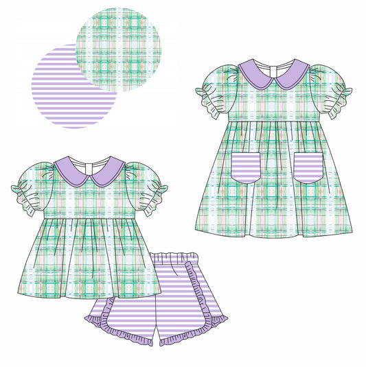 11.13(Custom Design Preorder MOQ 5 Each Design) Green Plaid Print Girls Summer Matching Clothes Set Sisters Wear
