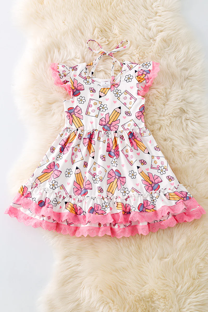 (Custom Design Preorder MOQ 5) Pen Flowers Book Print Girls Back to School Knee Length Dress