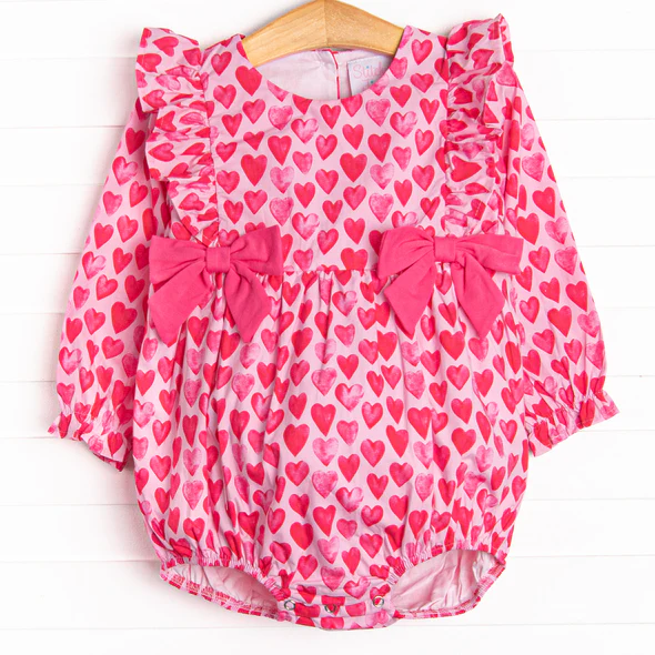 (Custom Design Preorder MOQ 5) Hotpink Heart Print Baby Girls Valentine's Day Romper