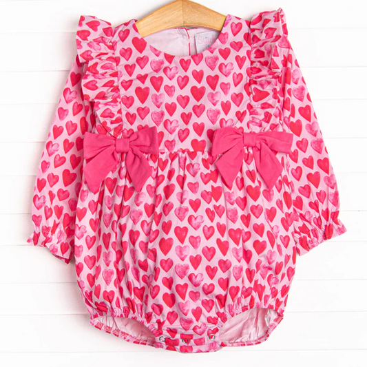 (Custom Design Preorder MOQ 5) Hotpink Heart Print Baby Girls Valentine's Day Romper