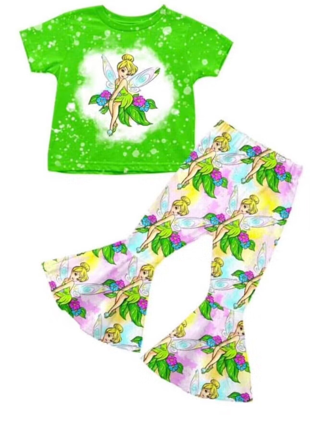 (Custom Design Preorder MOQ 5)  Cartoon Princess Flowers Print Girls Bell Pants Clothes Set