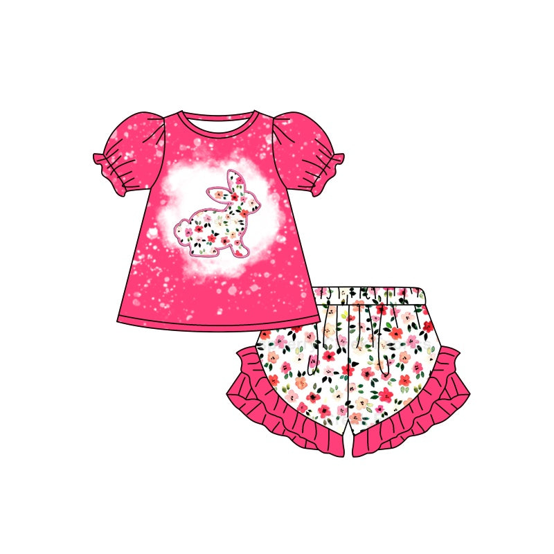 (Custom Design Preorder MOQ 5) Hot Pink Flowers Bunny Shorts Girls Easter Clothes Set