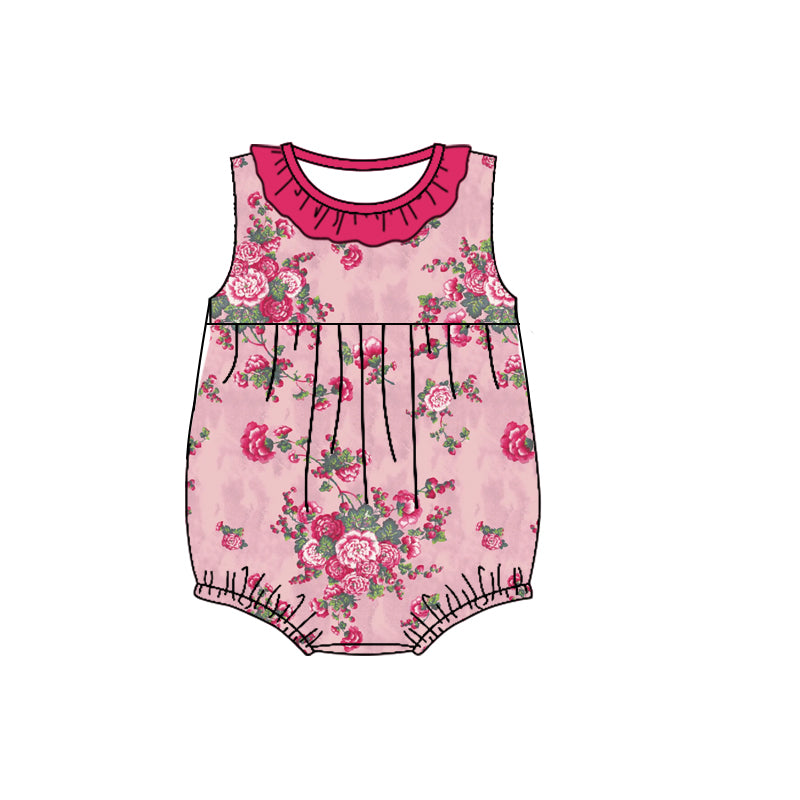 (Custom Design Preorder MOQ 5) Pink Red Flowers Print Baby Girls Summer Sleeveless Romper