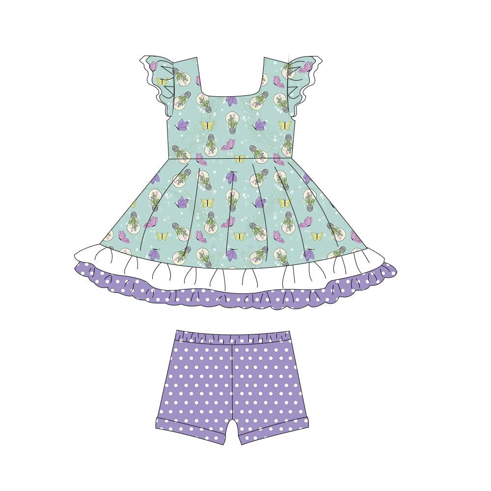 (Custom Design Preorder MOQ 5) Flowers Butterfly Tunic Top Dots Shorts Girls Summer Clothes Set
