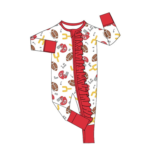 (Custom Design Preorder MOQ 5) Team's Chiefs KC Print Baby Girls Fall Sleeper Zipper Romper