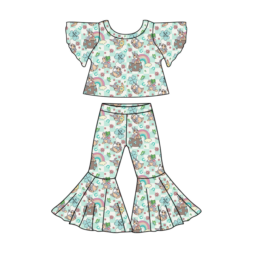 12.4(Custom Design Preorder MOQ 5) Bunny Rainbow Plaid Print Bell Pants Girls Easter Clothes Set
