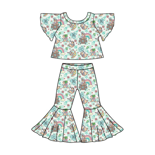 12.4(Custom Design Preorder MOQ 5) Bunny Rainbow Plaid Print Bell Pants Girls Easter Clothes Set