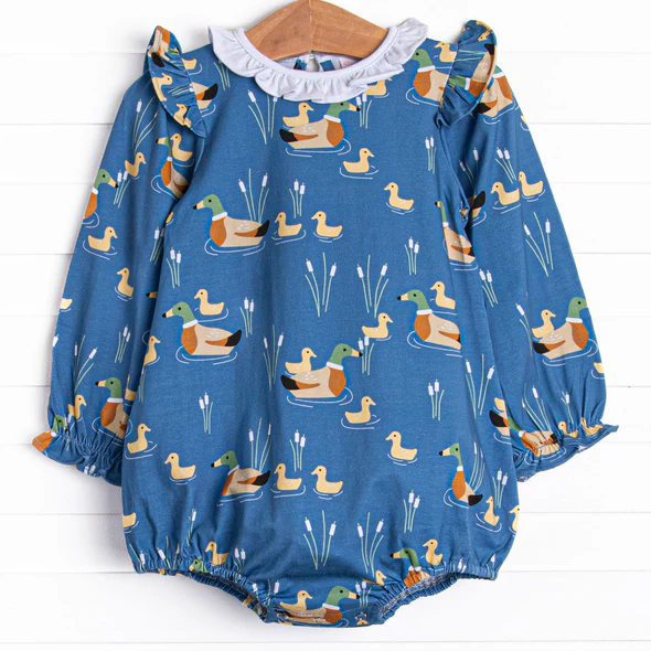 (Custom Design Preorder MOQ 5) Blue Duck Print Baby Girls Fall Romper