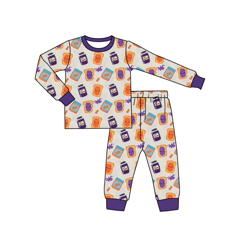 (Custom Design Preorder MOQ 5)  Sandwich Jam Print Girls Fall Bamboo Pajamas Clothes Set