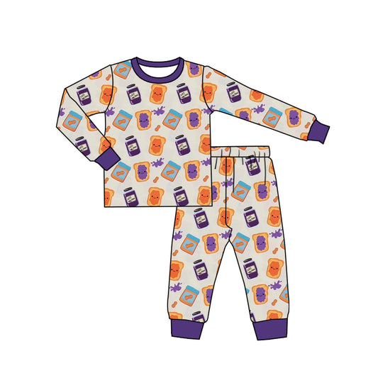 (Custom Design Preorder MOQ 5)  Sandwich Jam Print Girls Fall Bamboo Pajamas Clothes Set