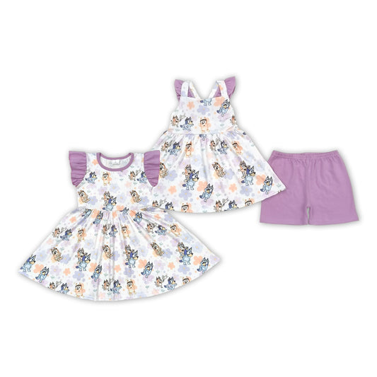 Cartoon Dog Flowers Print Sisters Summer Matching Clothes