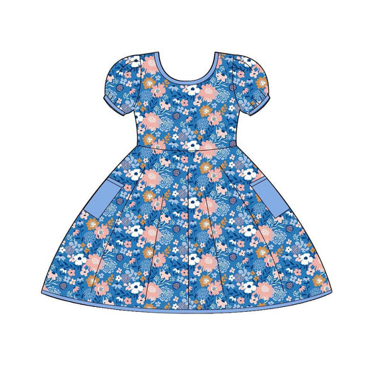 (Custom Design Preorder MOQ 5) Flowers Blue Print Pockets Girls Summer Knee Length Dress