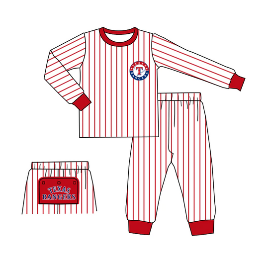 (Custom Design Preorder MOQ 5) Red Stripes Football Team's Print Kids Pajamas Clothes Set