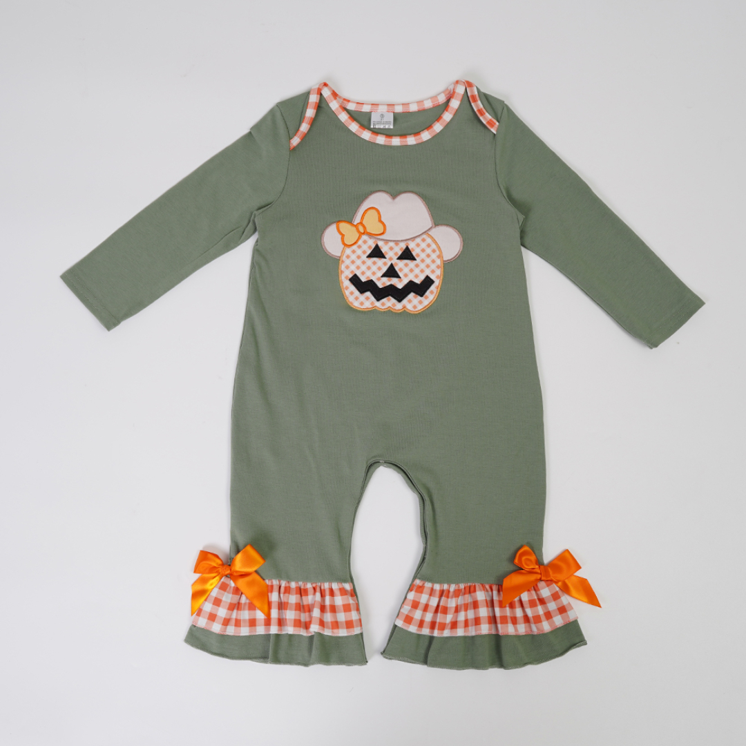 (Custom Design Preorder MOQ 5) Cowboy Pumpkin Print Baby Girls Halloween Romper