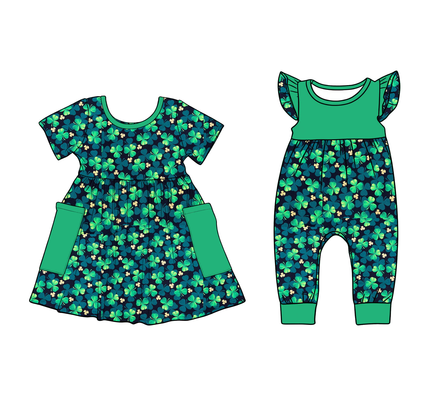 12.9 (Custom Design Preorder MOQ 5 Each Design) Leaf Green Print Girls St. Patrick's Day Matching Clothes Sisters Wear