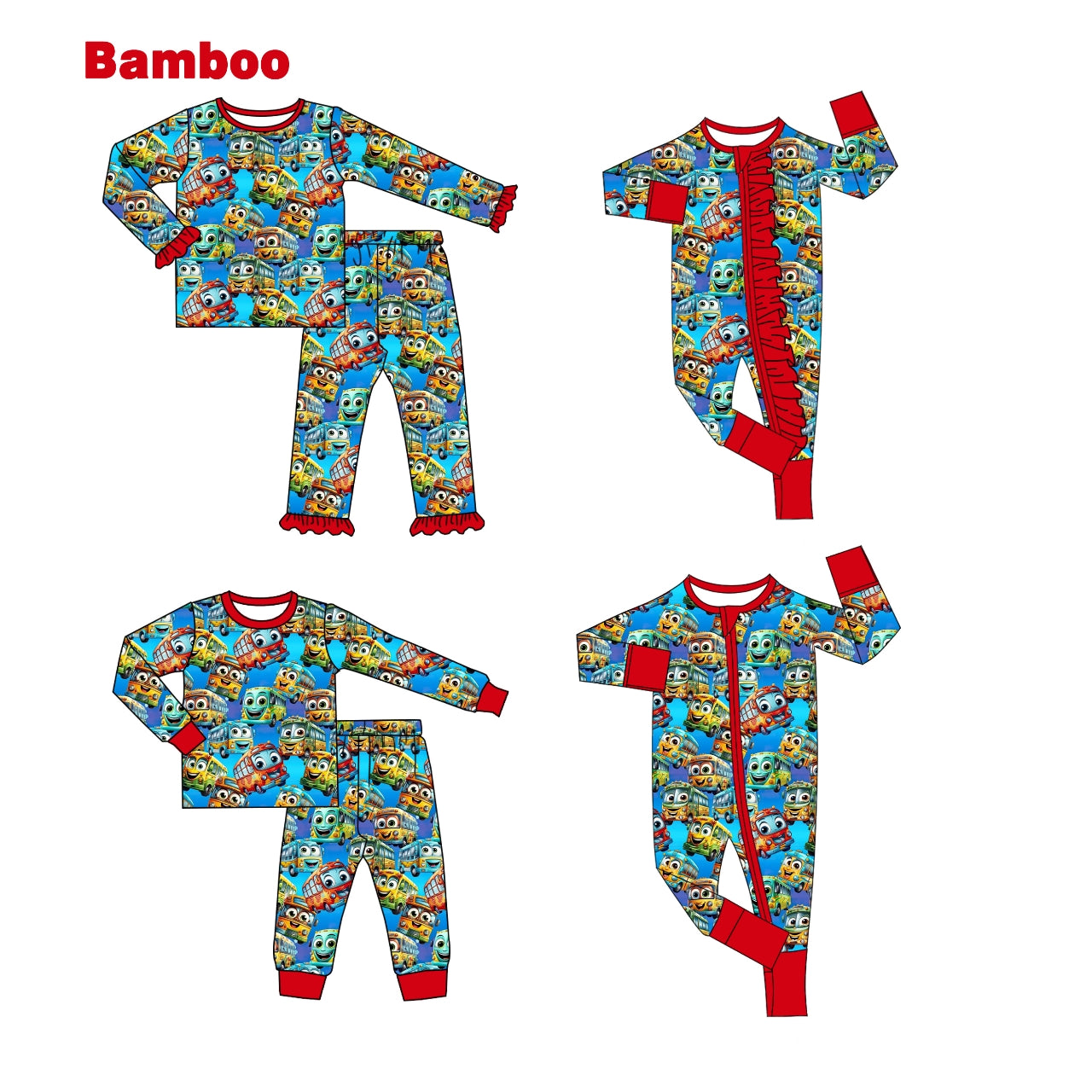 (Custom Design Preorder MOQ 20 Each Design) Cartoon Bus Print Kids Pajamas Matching Bamboo Clothes Sibling Wear