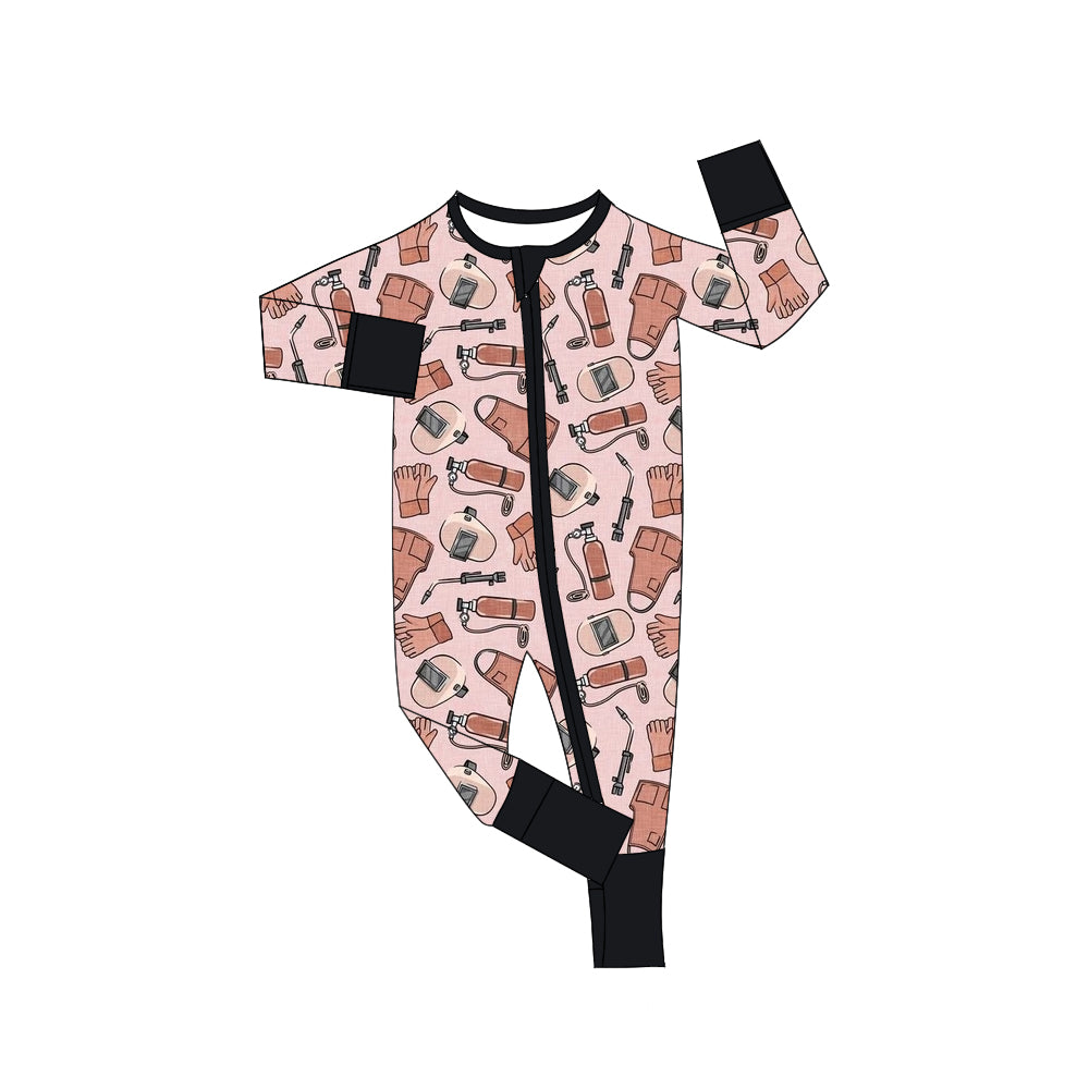 (Custom Design Preorder MOQ 5)  Welder Tool Print Baby Girls Fall Sleeper Zipper Romper