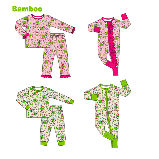(Custom Design Preorder MOQ 20 Each Design) Green Frog Print Kids Christmas Pajamas Matching Bamboo Clothes Sibling Wear