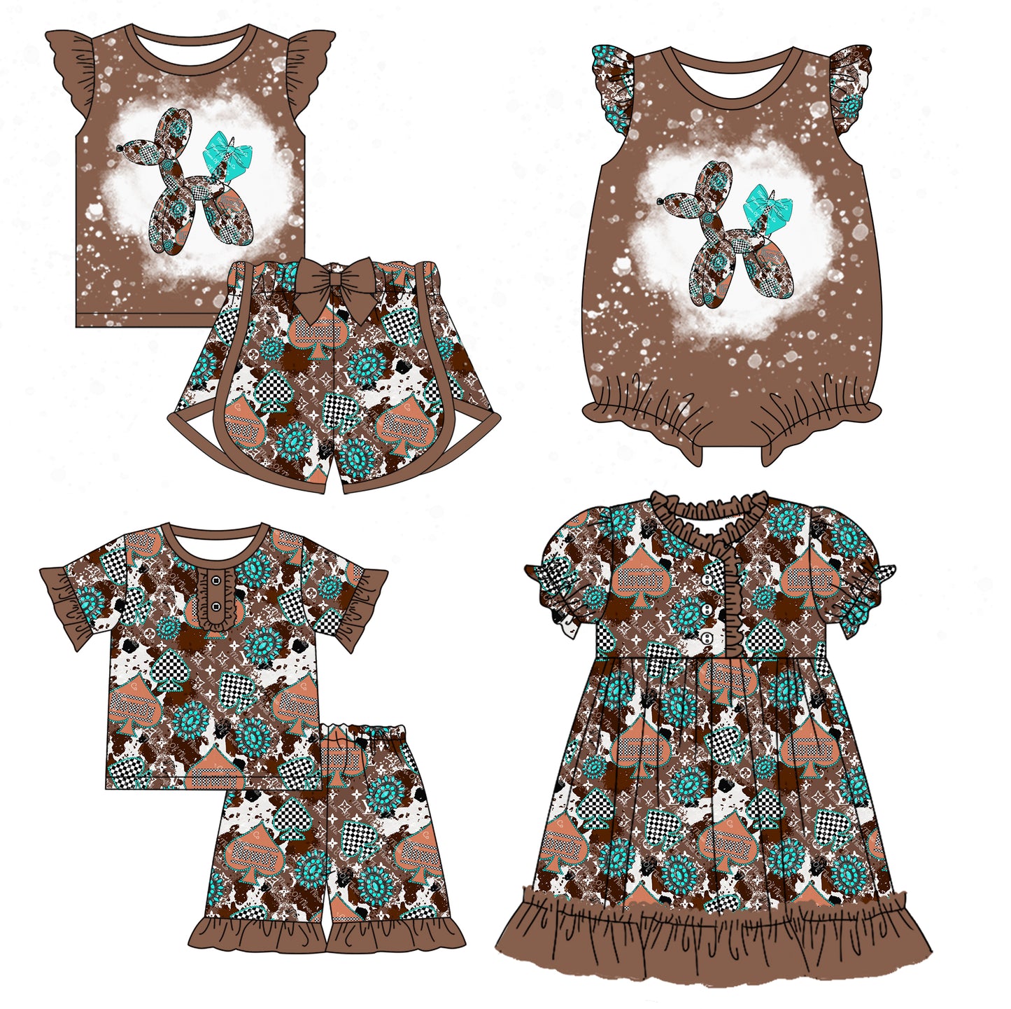 12.25(Custom Design Preorder MOQ 5 Each Design) Turquoise L*V* Brown Western Print Girls Summer Matching Clothes Sisters Wear