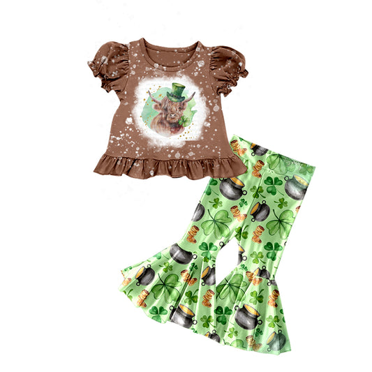 (Custom Design Preorder MOQ 5) Highland Cow Print Girls St. Patrick's Clothes Set