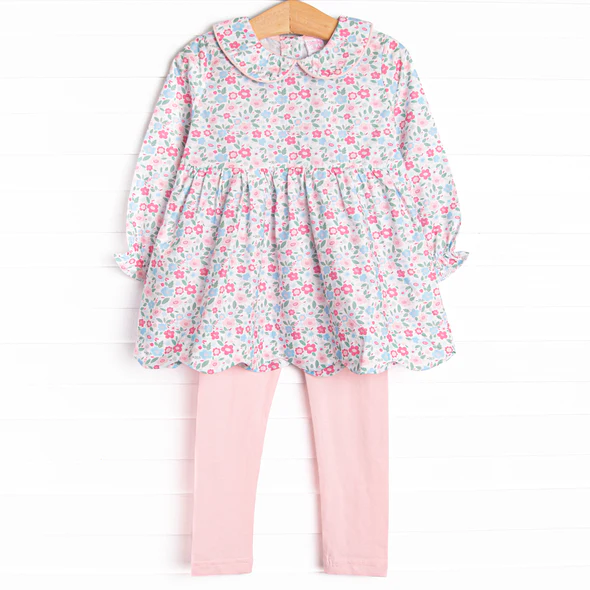 (Custom Design Preorder MOQ 5)  Pink Flowers Tunic Top Legging Pants Girls Clothes Set