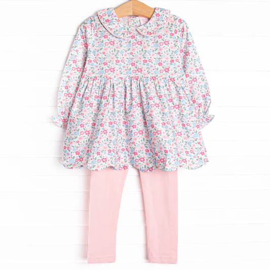(Custom Design Preorder MOQ 5)  Pink Flowers Tunic Top Legging Pants Girls Clothes Set