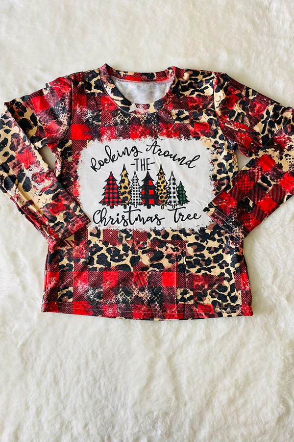 (Custom Design Preorder MOQ 5) Christmas Tree Leopard Print Girls Christmas Tee Shirts Top