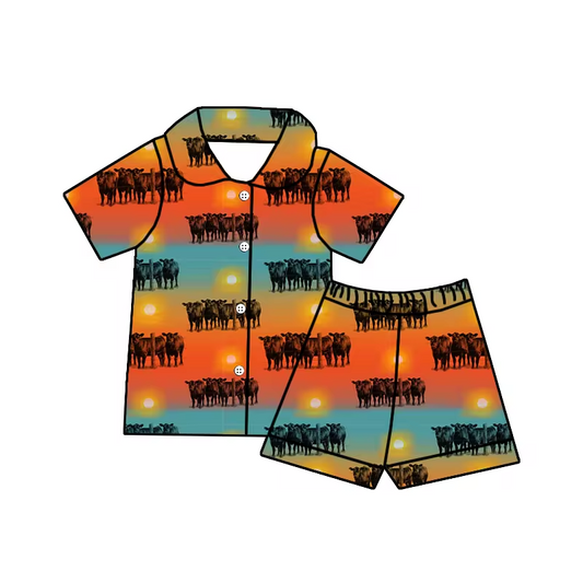 (Custom Design Preorder MOQ 5)  Highland Cow Print Kids Summer Pajamas Western Clothes Set