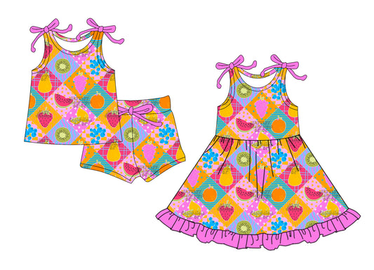 4.14(Custom Design Preorder MOQ 5 Each Design) Fruits Colorful Plaid Print Girls Summer Matching Clothes Sisters Wear
