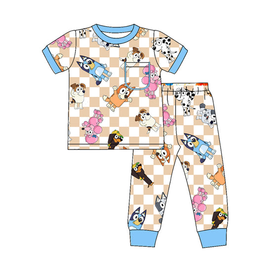 (Custom Design Preorder MOQ 5) Cartoon Dog Plaid Print Boys Pajamas Clothes Set