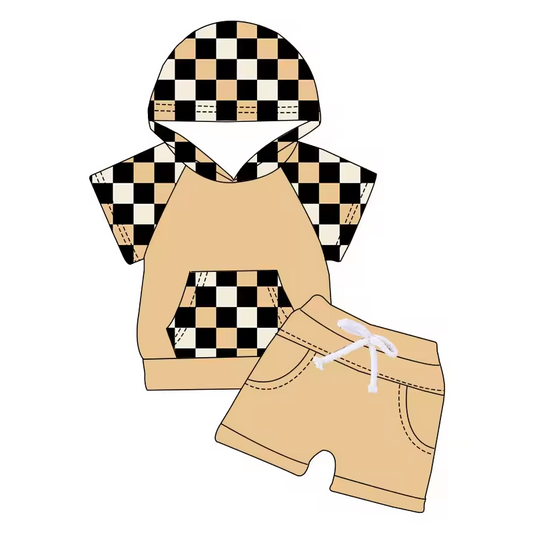 (Custom Design Preorder MOQ 5)  Plaid Hoodie Top Khaki Shorts Boys Summer Clothes Set