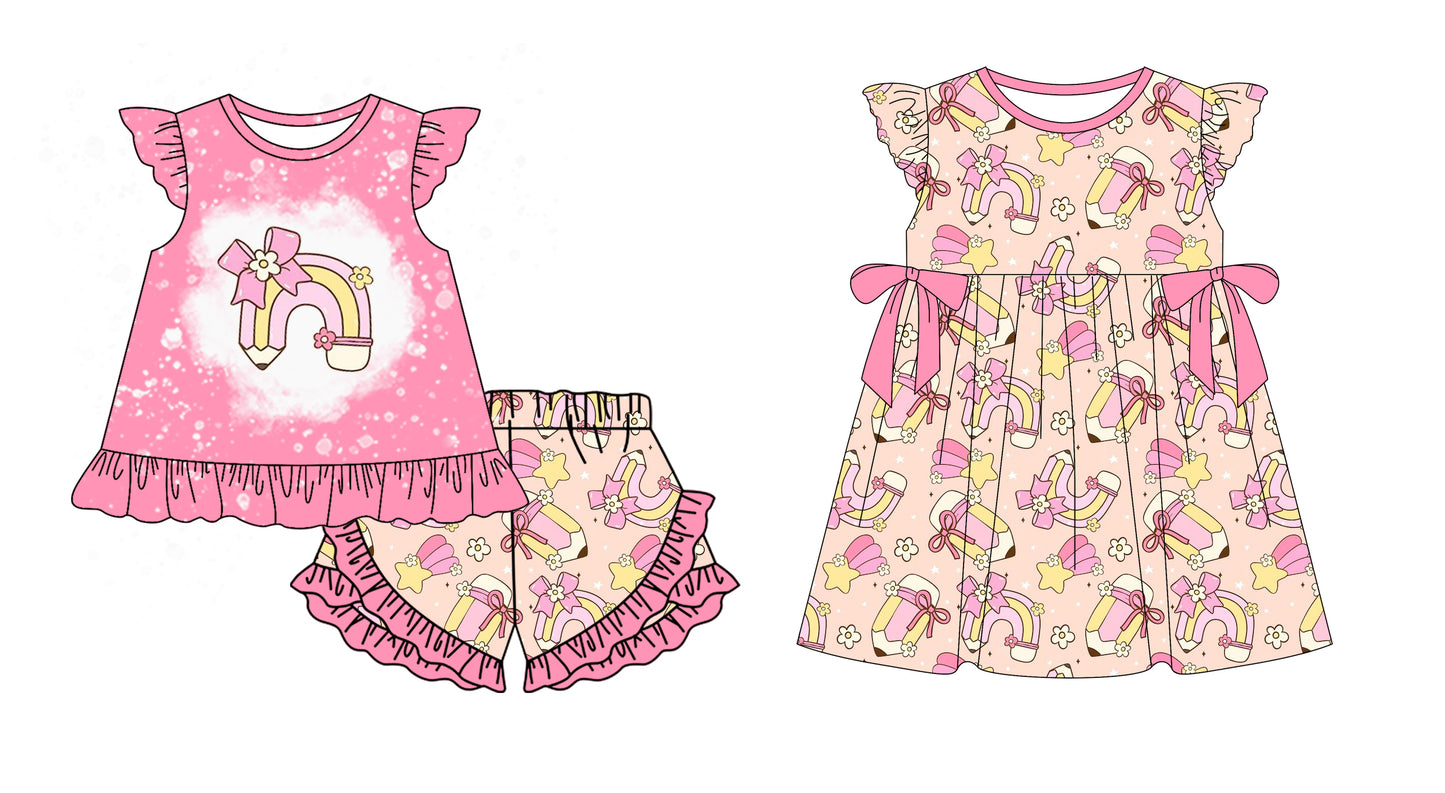 1.6(Custom Design Preorder MOQ 5 Each Design) Pen Rainbow Flowers Print Girls Back to School Matching Clothes Sisters Wear