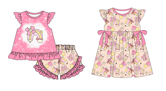 1.6(Custom Design Preorder MOQ 5 Each Design) Pen Rainbow Flowers Print Girls Back to School Matching Clothes Sisters Wear