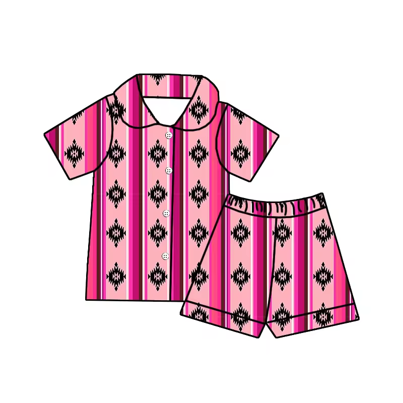 (Custom Design Preorder MOQ 5)  Pink Ztec Print Girls Summer Pajamas Western Clothes Set