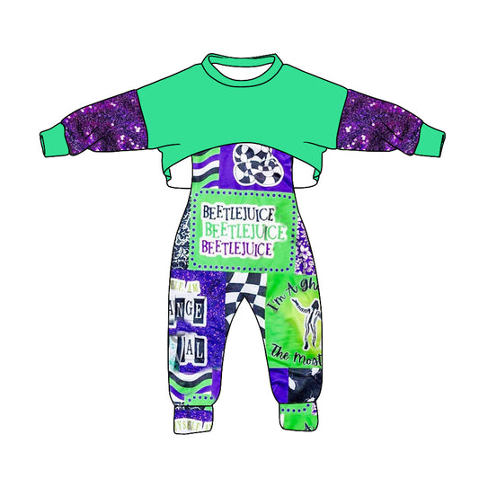 (Custom Design MOQ 5) Green Top Movie Character Jumpsuit Girls Halloween Clothes Set