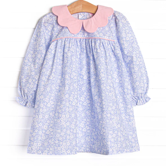 (Custom Design Preorder MOQ 5) Blue Flowers Print Girls Knee Length Dress