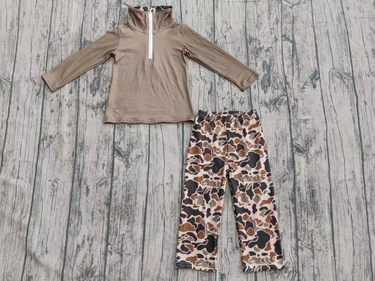 (Custom Design Preorder MOQ 5)  Brown Color Zipper Pullover Top Camo Pants Boys Fall Clothes Set