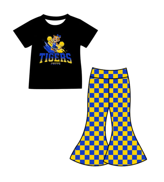(Custom Design Preorder MOQ 5) Team Tigers Black Top Yellow Blue Plaid Bell Pants Girls Clothes Set